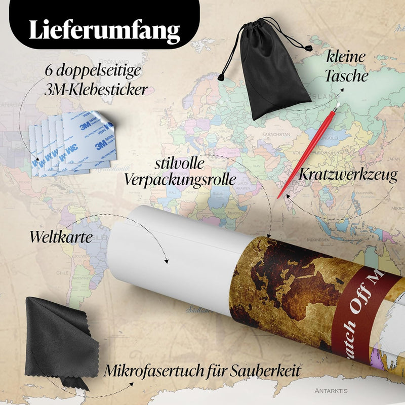 FlyHigh XXL Weltkarte Poster zum Rubbeln in Deutscher Sprache (82x60 cm) inklusive Klebesticker, Kra