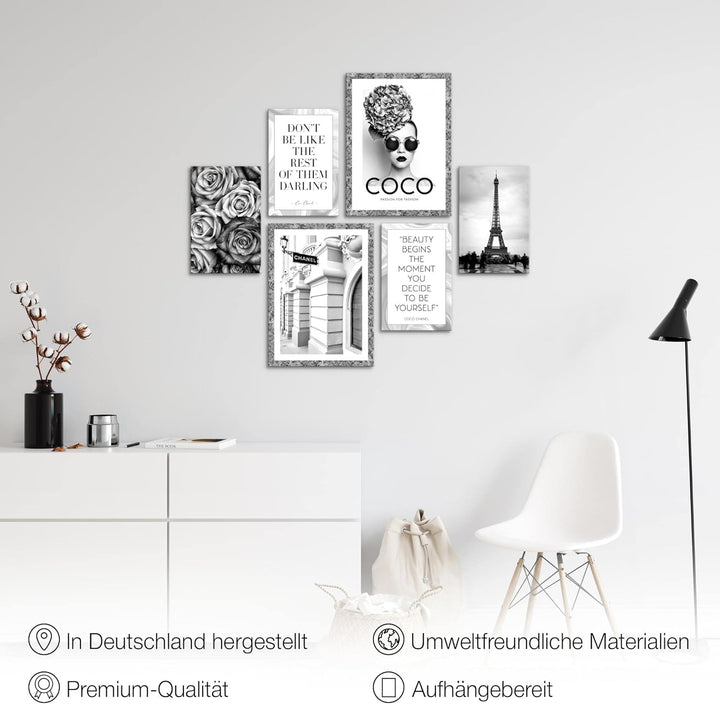 Novart Wandbilder Set Fashion Coco Schwarz Weiss - KEIN EXTRA RAHMEN BENÖTIGT - Modern Deko - Wohnzi