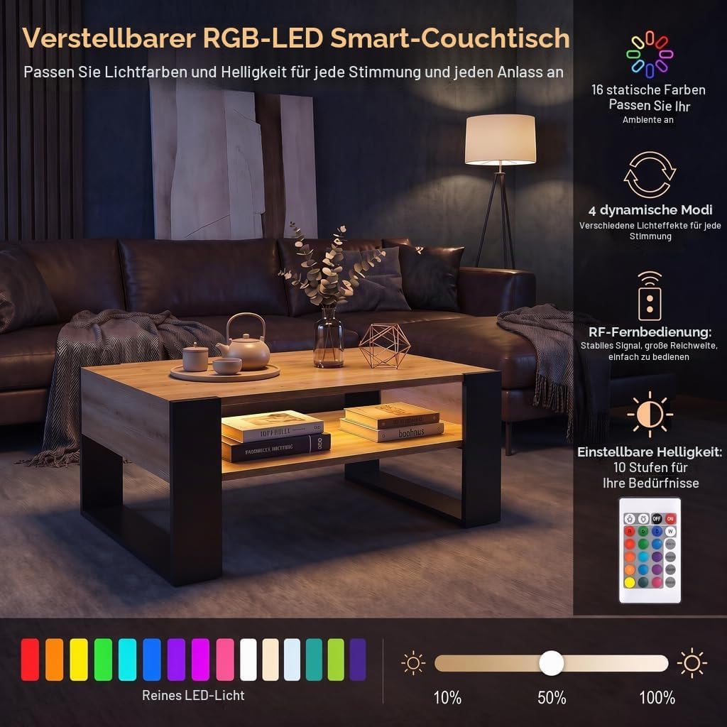 Couchtisch mit LED-Beleuchtung und Stauraum, Wohnzimmertisch Holz, Moderner Sofatisch mit U-förmigen