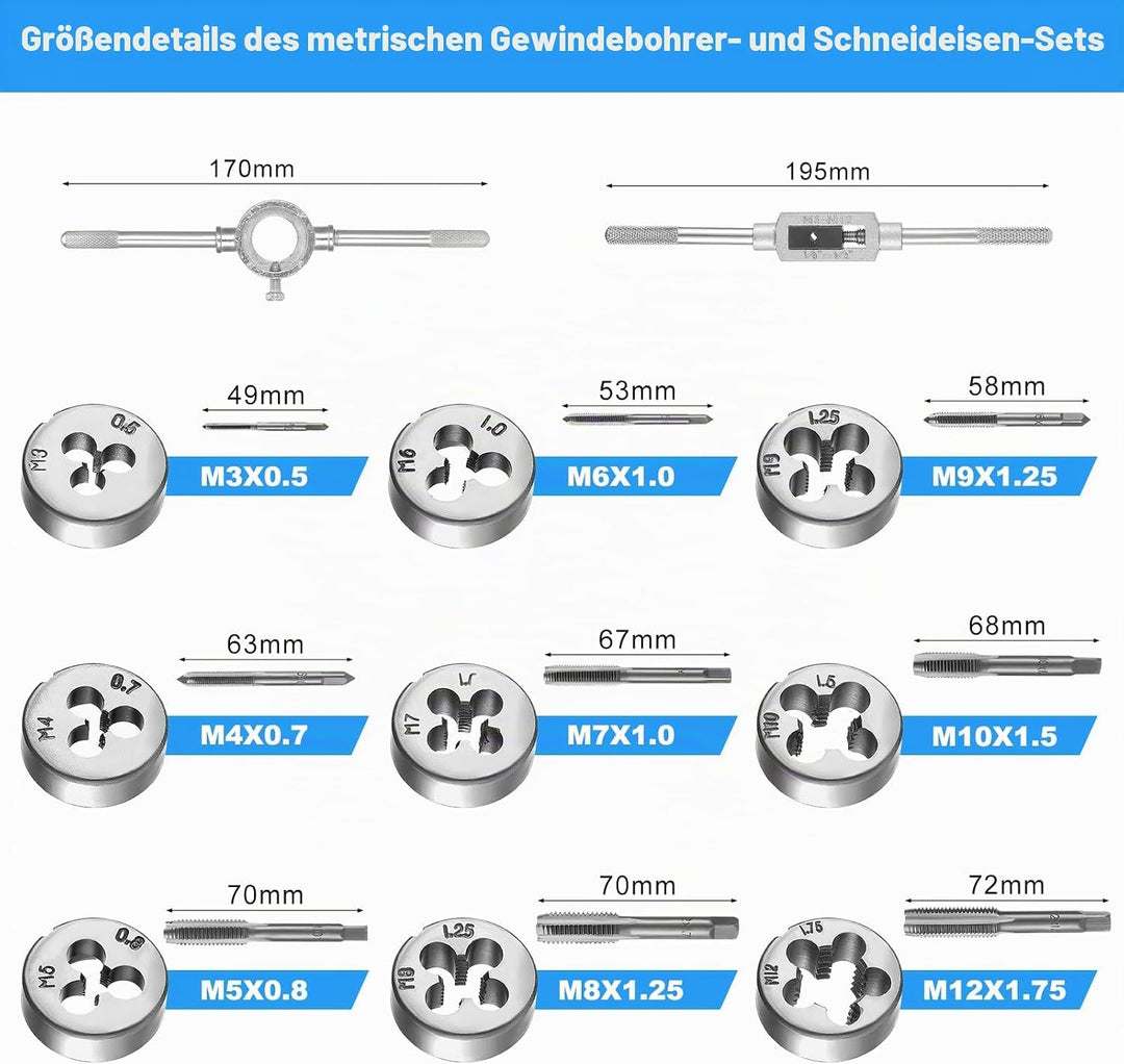 Gewindeschneider Set Metrisch M3-M12 Gewindeschneidsatz, Gewindebohrer Schneideisen Set mit Bohrer,