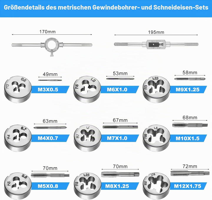 Gewindeschneider Set Metrisch M3-M12 Gewindeschneidsatz, Gewindebohrer Schneideisen Set mit Bohrer,