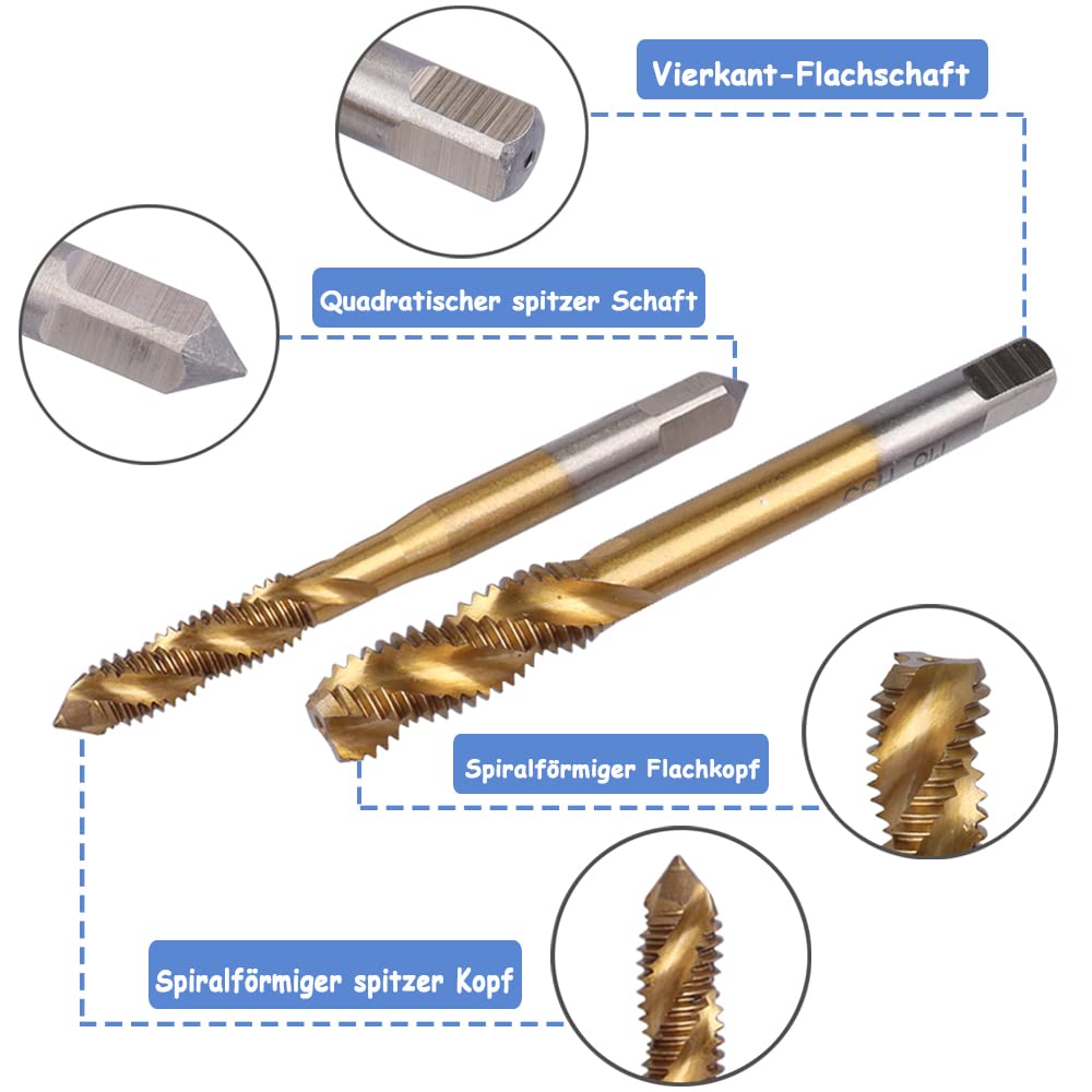 Mesee 9 Stück Spiralgewindebohrer, HSS Titanbeschichtetes Gewindebohrer, Spiralnutbohrer Maschinenge