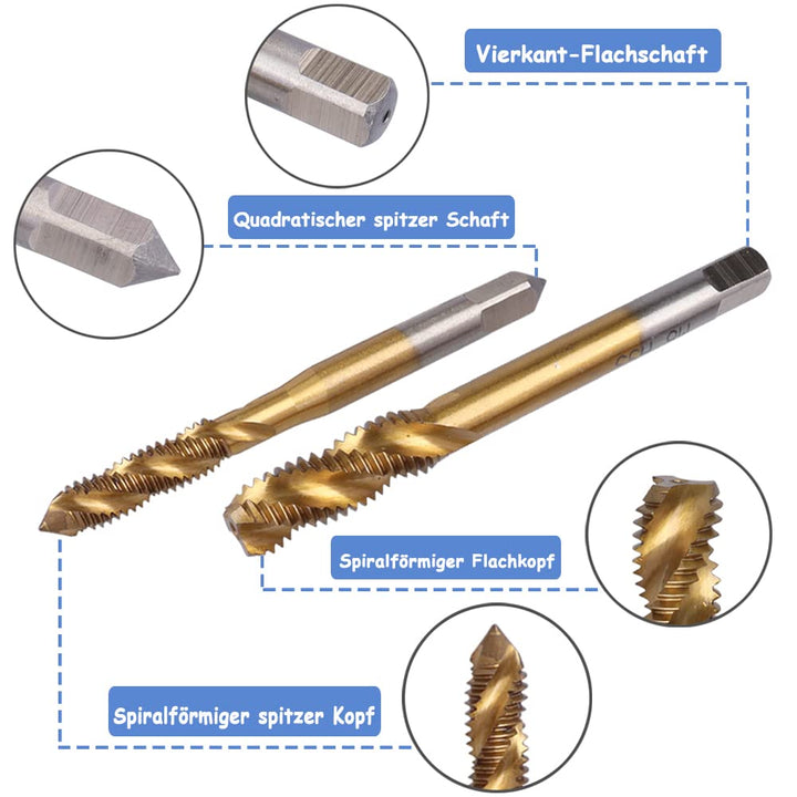 Mesee 9 Stück Spiralgewindebohrer, HSS Titanbeschichtetes Gewindebohrer, Spiralnutbohrer Maschinenge