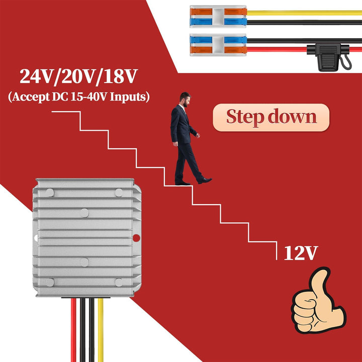 Spannungswandler 24V auf 12V, Step Down 24V 12V 15A 180W mit Sicherung Wasserdicht und Schnellverbin