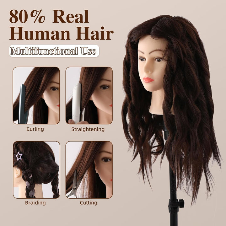 Frisierkopf 80% Echthaar Übungskopf 24 Zoll Frisieren Trainingsköpfe für Friseure Ausbildung Kopf Mi