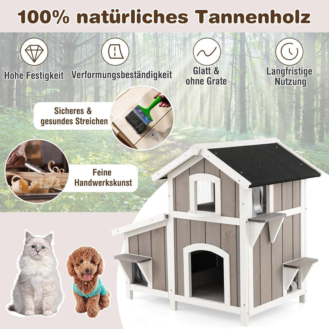 COSTWAY Katzenhaus Outdoor, 2-stöckige Katzenhütte, Katzenvilla mit Asphaltdach, Fluchttüren, PVC-Vo