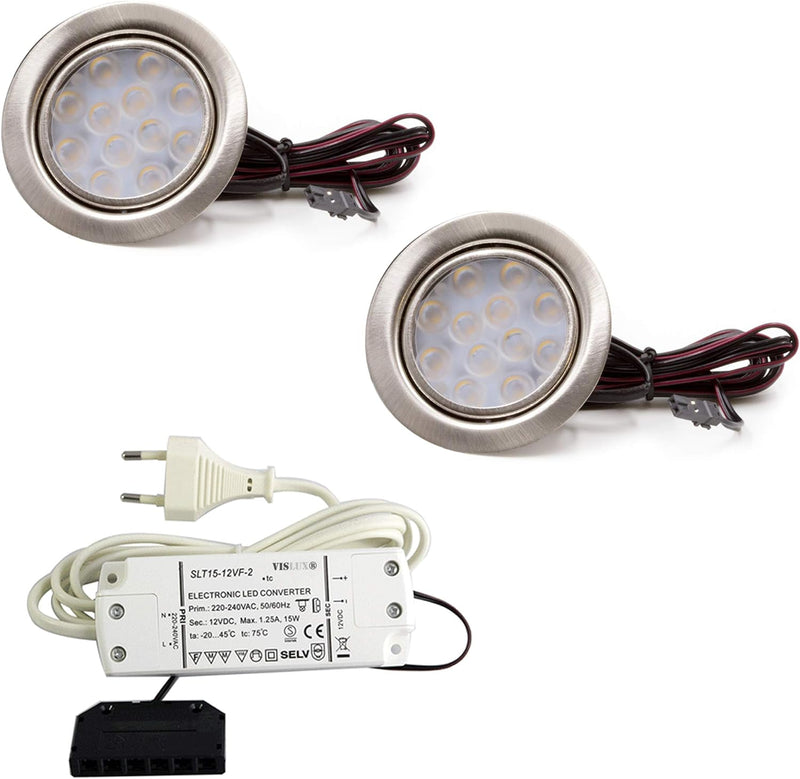 vislux 2er Set LED Möbelleuchte Einbaustrahler Edelstahl Gebürstet flach 3W warmweiss 3200K 200lm 12