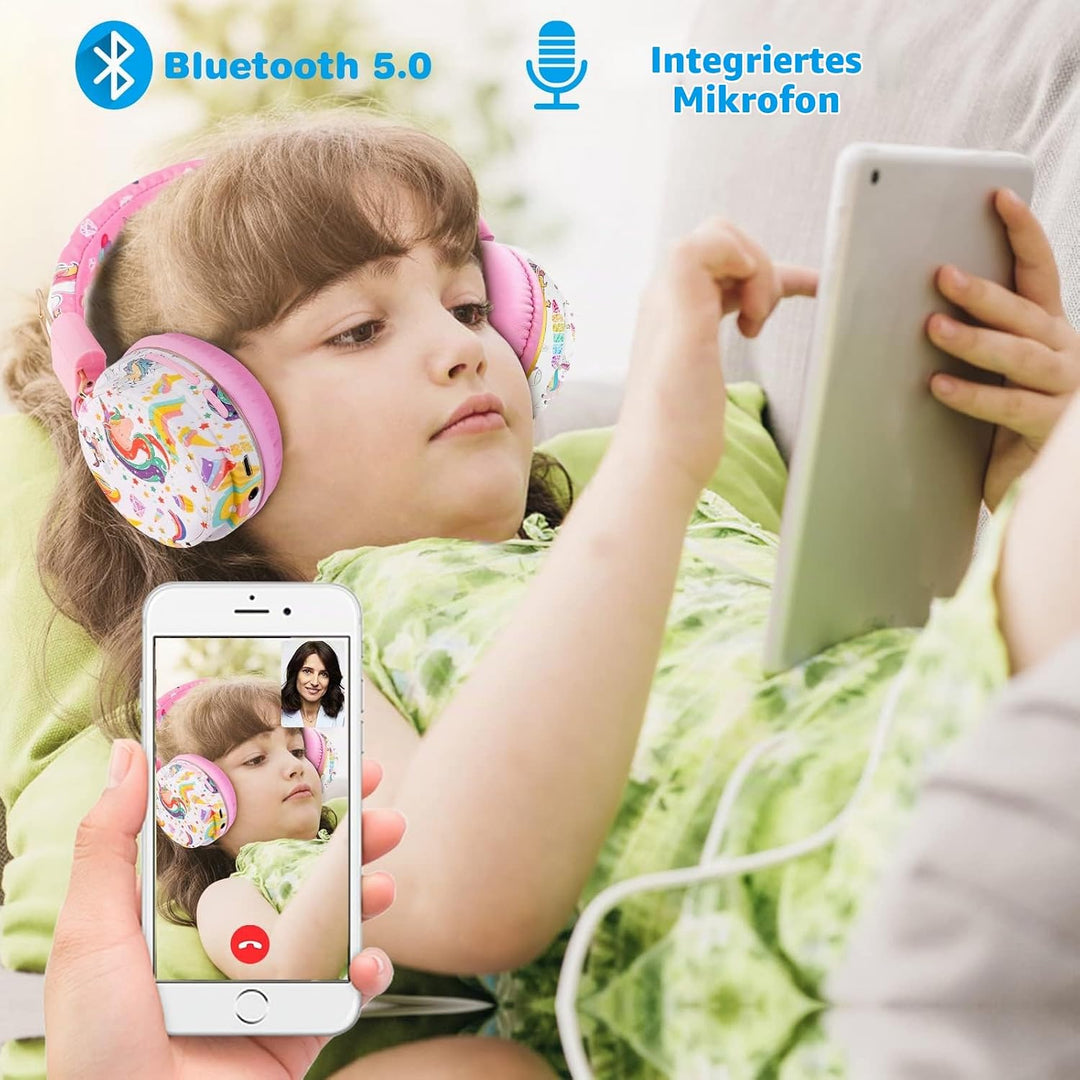 JYPS Bluetooth Kopfhörer Kinder, Einhorn Kopfhörer Kabellos Kinder mit Kabel und Mikrofon, Kids Head