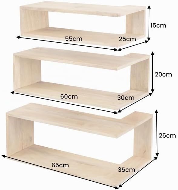 Riess Ambiente Massives 3er Set Wandregale SURREAL - 65 cm - Natur Aussenecke Mangoholz Massivholz R