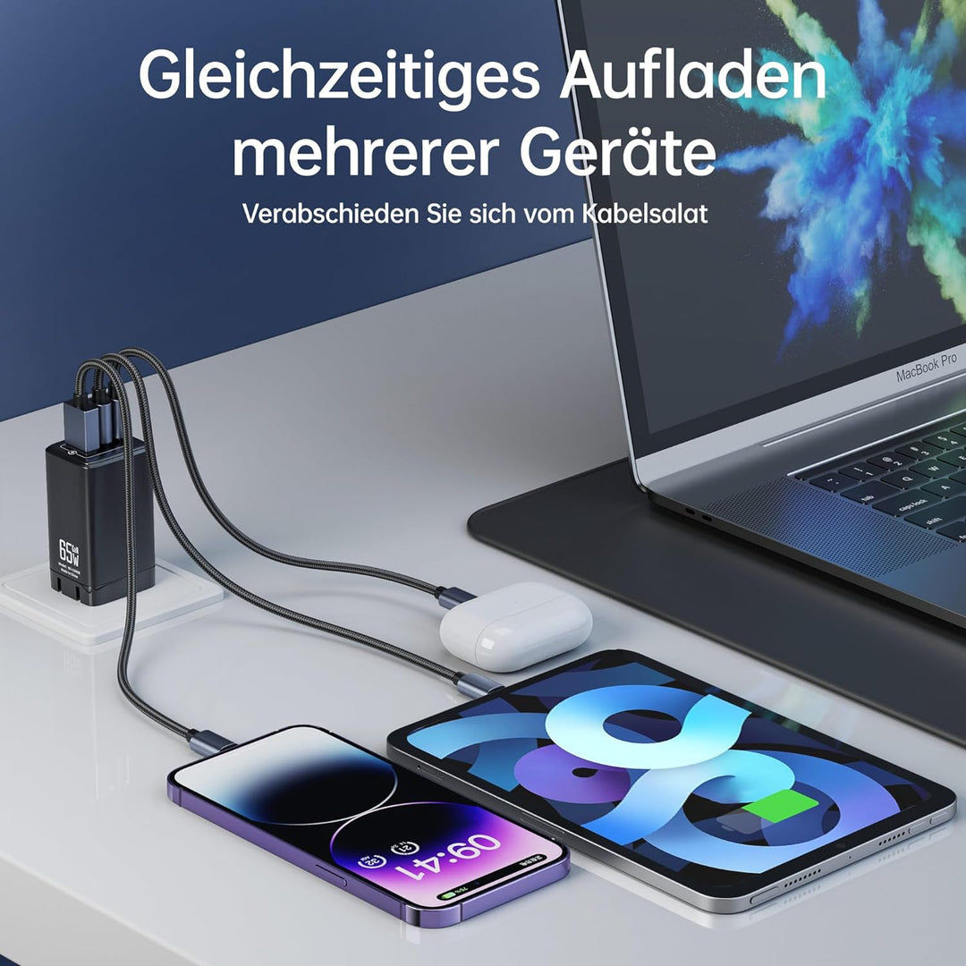 NOHON USB-C Ladegerät Fast Charger: 65W GaN Handy 3-Port Schnellladegerät PD3.0 mit 140W Typ-C 1.2M
