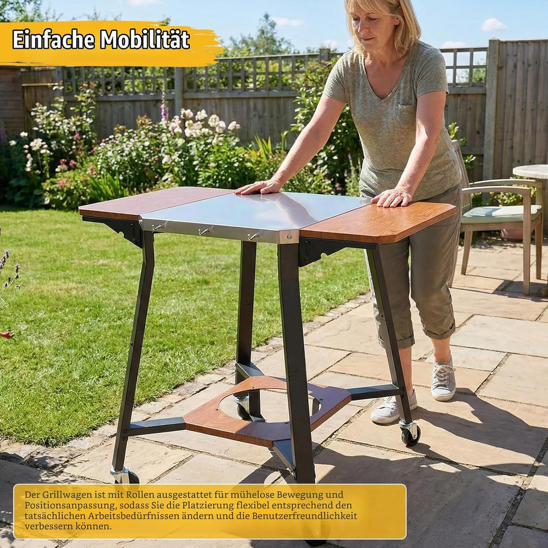 GFTIME Grillwagen mit Edelstahl-Arbeitsplatte, BBQ Wagen mit 2 klappbaren Seitenablagen, Gasflaschen