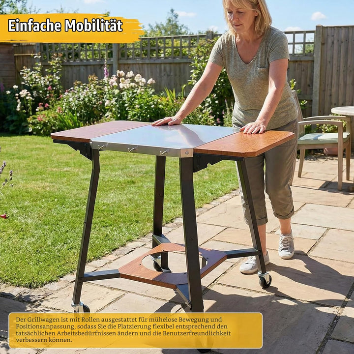 GFTIME Grillwagen mit Edelstahl-Arbeitsplatte, BBQ Wagen mit 2 klappbaren Seitenablagen, Gasflaschen