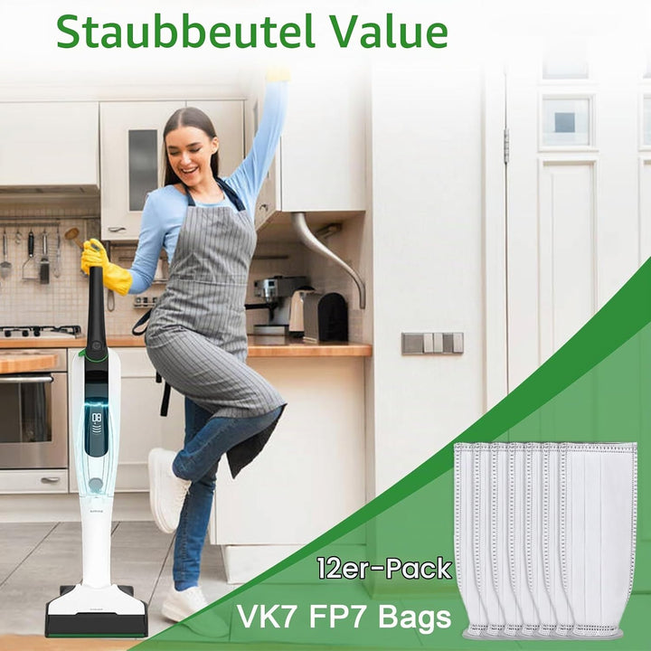 12 Stück Staubsaugerbeutel für Vorwerk Kobold VK7 Akku-Staubsauger, Kobold FP7 Premium Filtertüten E