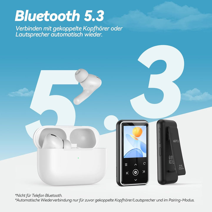 AGPTEK 64GB MP3 Player mit Sport Clip, Bluetooth 5.3 Player mit 1,8 Zoll TFT Farbbildschirm, Mini Mu