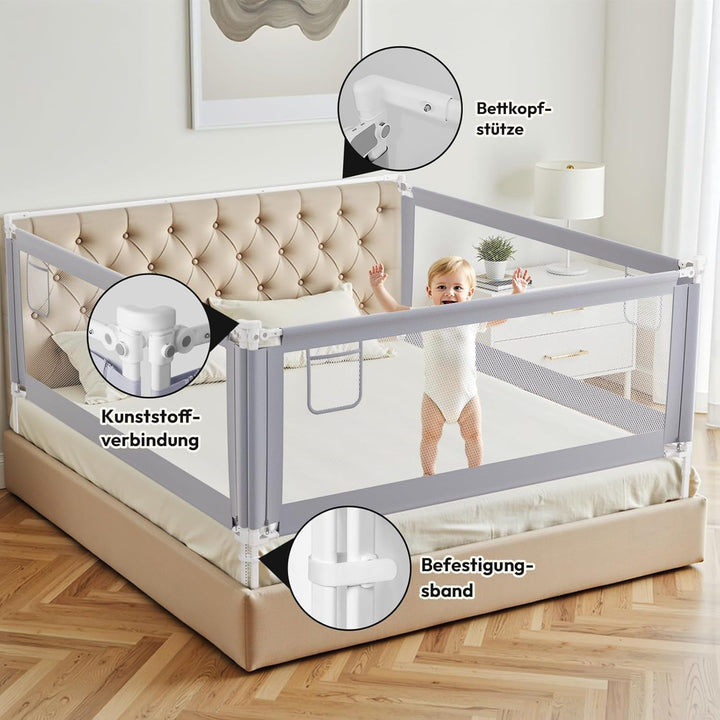 Bettgitter Rausfallschutz Bett 200cm×2+180cm×1 - Rausfallschutz Boxspringbett Höhenverstellbar in 30