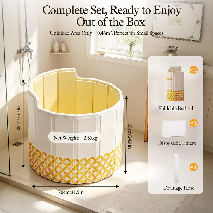 Faltbare Mobile Badewanne 80cm,Gelb,mit Abflussrohr,5*Badematte | Eisbad & Warmwasser,5-Lagige Isoli