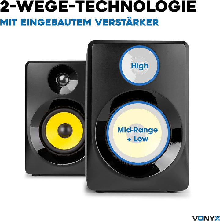VONYX SMN40B - Studio Monitor, Aktiv Lautsprecher Set, 100 Watt, 4 Zoll Studiolautsprecher Set, DJ M