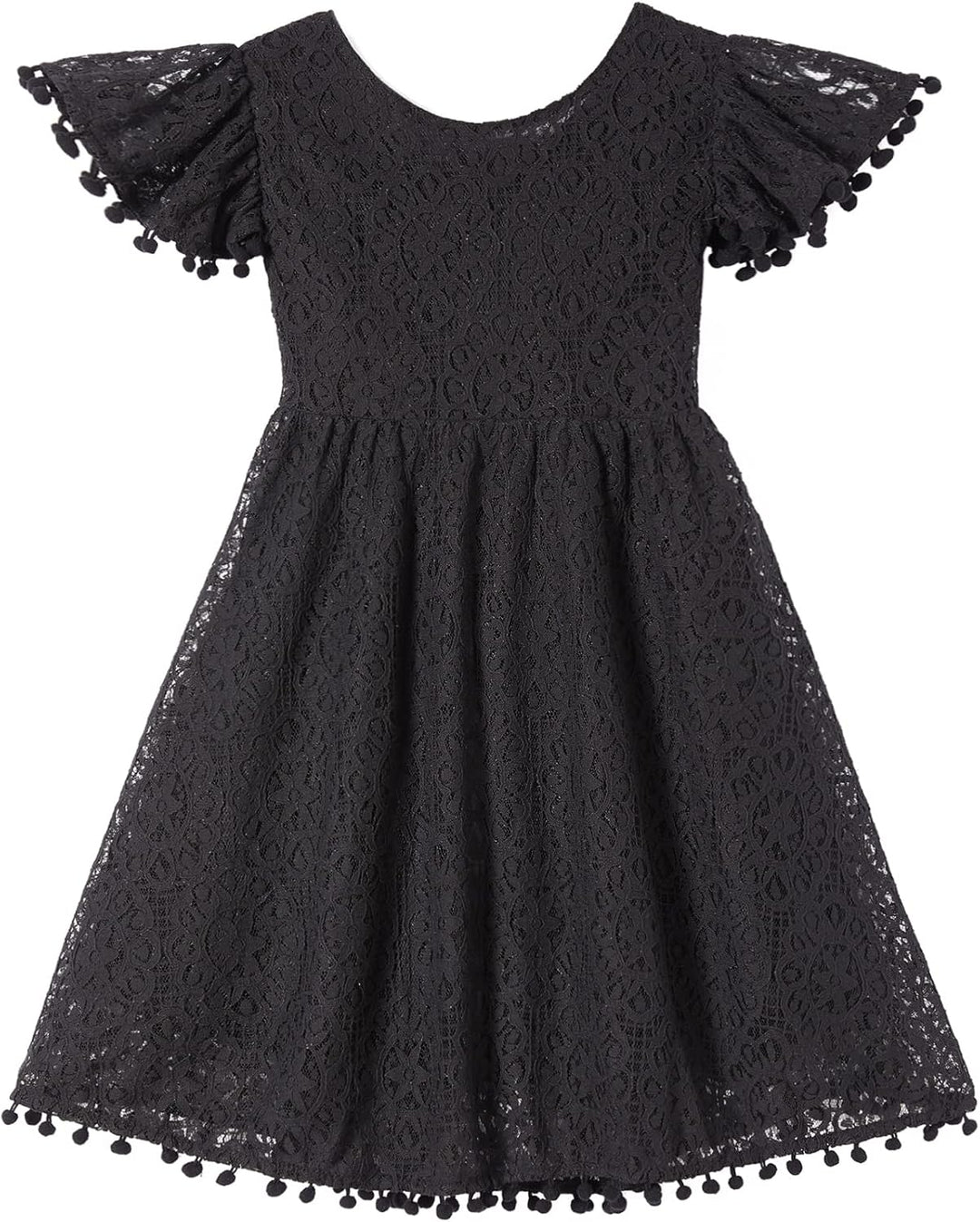 Mädchen Elegante Prinzessin Spitzenkleid Kleinkind Vintage Pom Pom Flatterärmel Party Kleider, Flieg