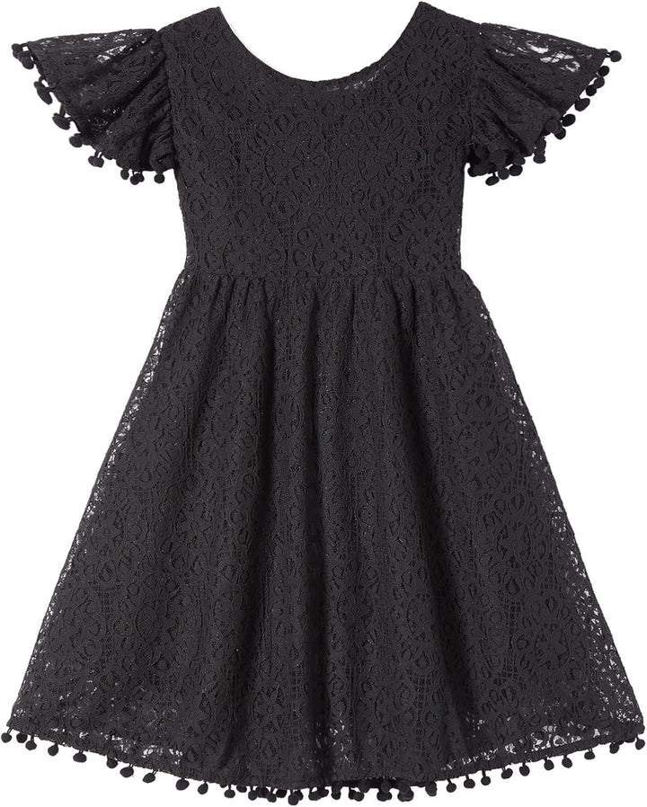Mädchen Elegante Prinzessin Spitzenkleid Kleinkind Vintage Pom Pom Flatterärmel Party Kleider, Flieg