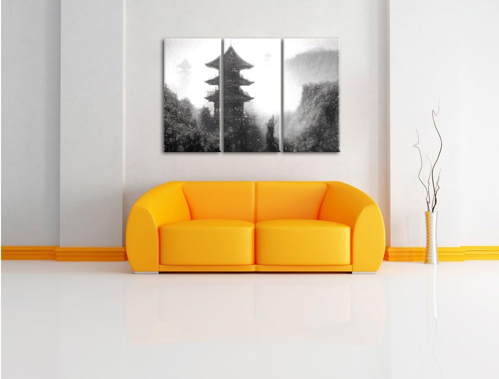 Pixxprint chinesische Häuser Kunst / 3-Teilig/Gesamtmass 120cm Leinwandbild bespannt auf Holzrahmen/