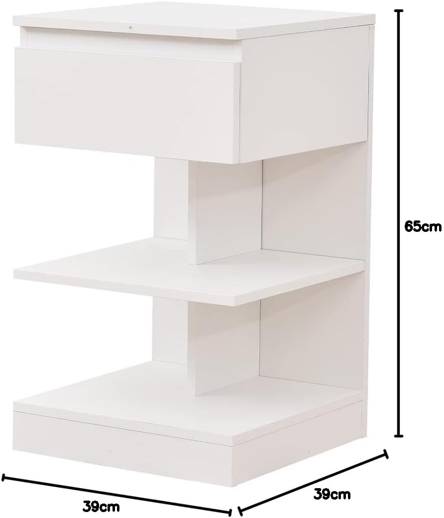BAKAJI Moderner Nachttisch, 1 Schublade und 2 Regale, platzsparend, Weiss, 39 x 39 x 65 cm, Holz, Me