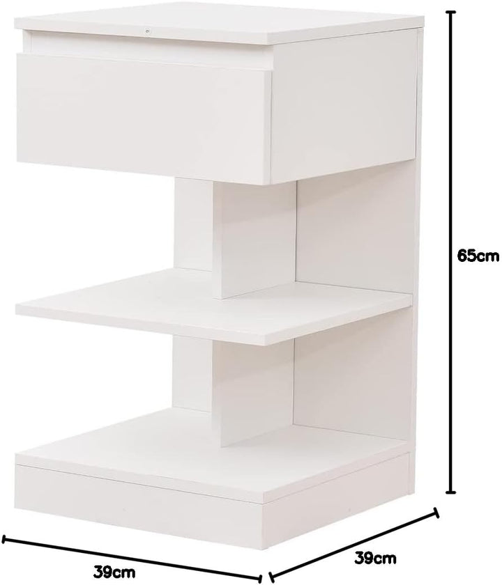 BAKAJI Moderner Nachttisch, 1 Schublade und 2 Regale, platzsparend, Weiss, 39 x 39 x 65 cm, Holz, Me