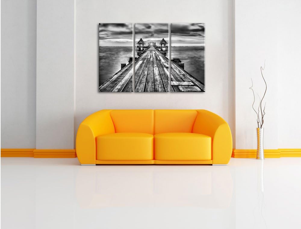 Pixxprint Monocrome, Bootssteg im Sonnenuntergang 3-Teiler Leinwandbild 120x80 Bild auf Leinwand