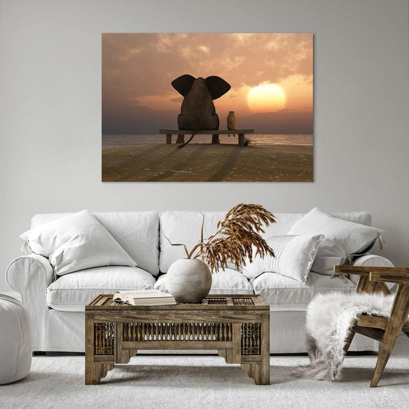 Bilder auf Leinwand 100x70cm Leinwandbild mit Rahmen Elefant Ufer Meer Gross Wanddeko Bild Schlafzim