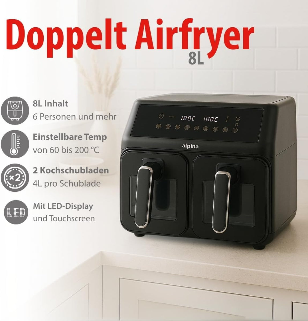 alpina Heissluftfritteuse 2 Kammern 8L - Airfryer mit Digitaldisplay - Air Fryer mit Timer und Tempe