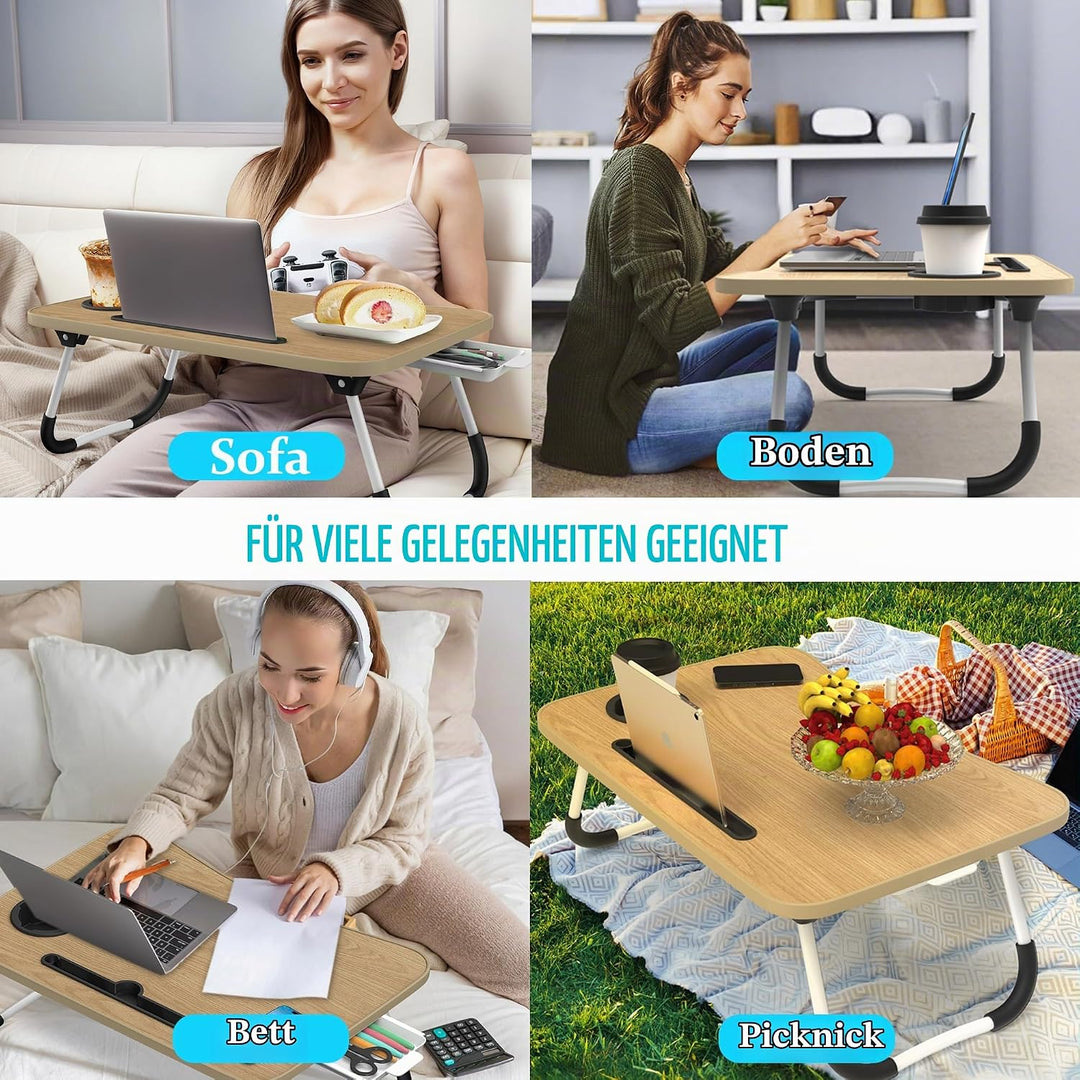 Soontrans Laptoptisch, 60 x 40 x 28 cm, Laptop Tisch mit Tablethalter, Schublade, Getränkehalter, Be