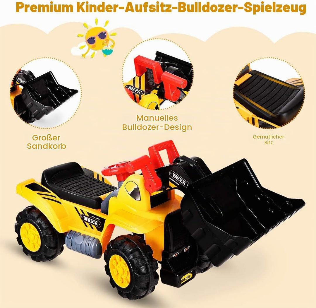 DREAMADE Kinder Sitzbagger, Aufsitzbagger mit Schaufel &amp; eingebautem Stauraum, Sandbagger mit Sound-