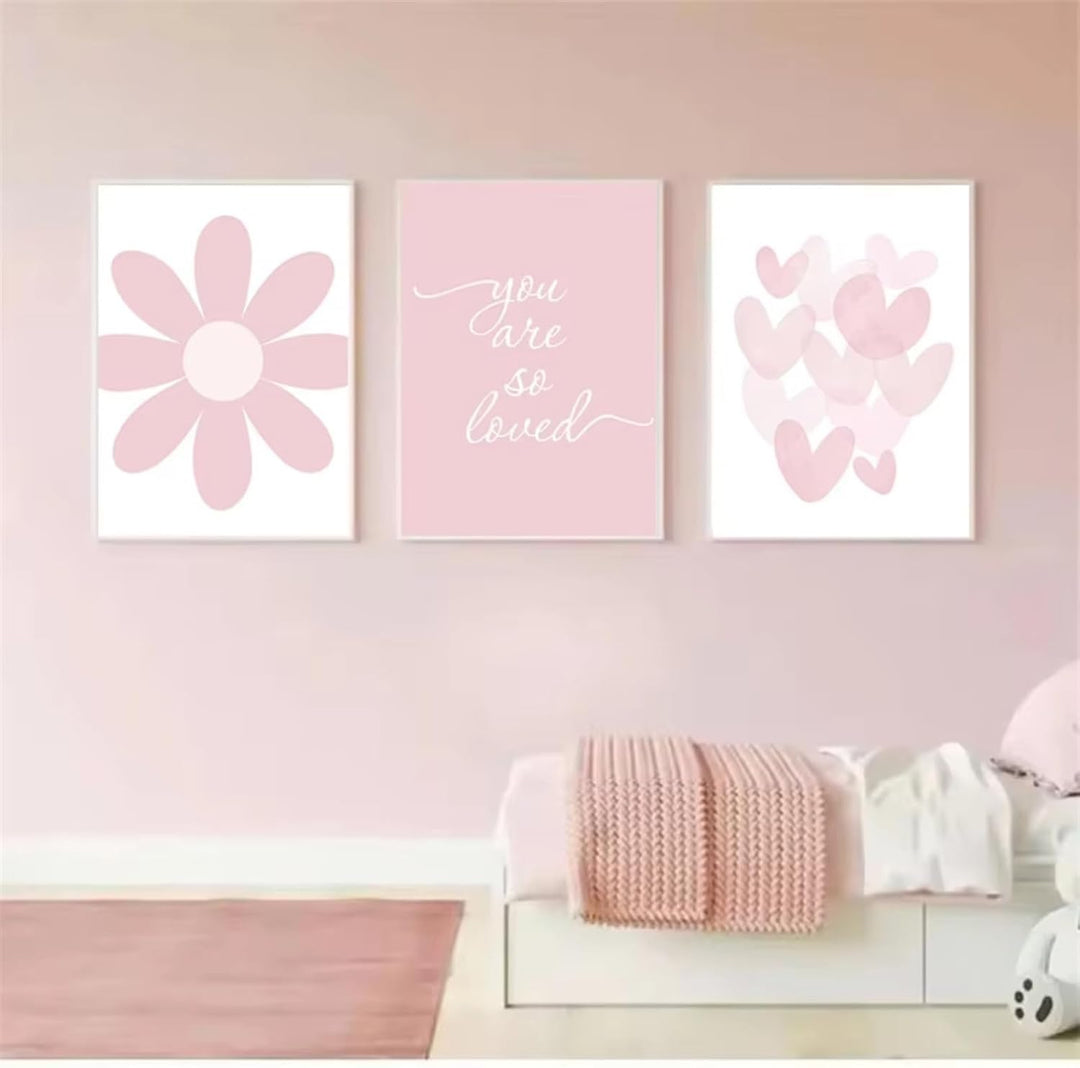3er Rosa Poster Set, Modernes Aesthetic, Rosa Cartoon Liebe Herz Blume Wandbild, Geeignet für Wohn-