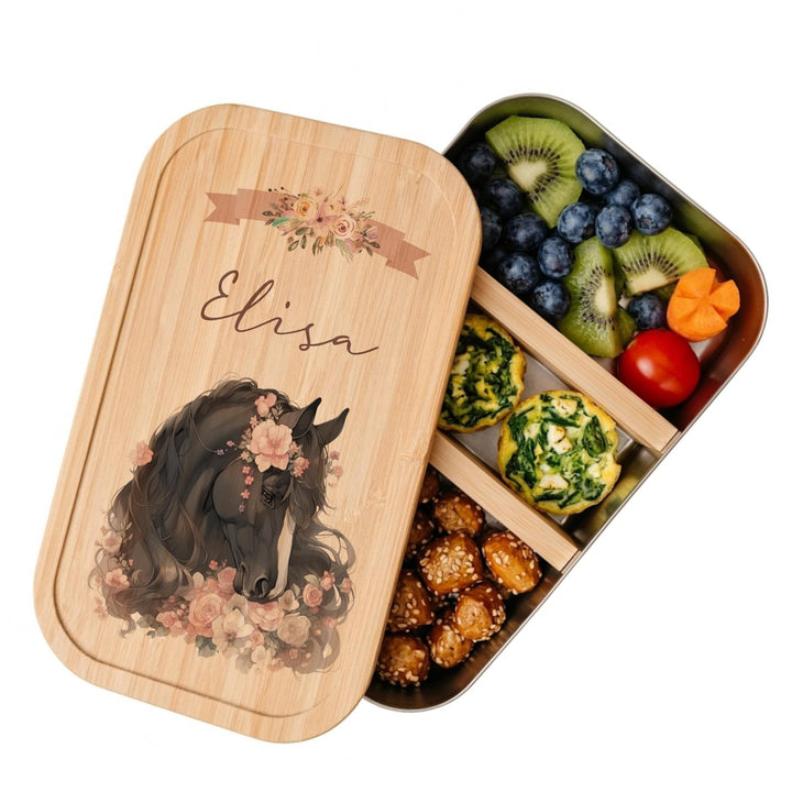 Manufaktur Liebevoll - Personalisierte Brotdose Pferd Pony m. Fächern, Edelstahl Lunchbox I Bambus D