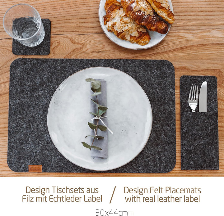 Miqio® - Design Tischset aus Filz | Marken Label aus echtem Leder | 6er Set Platzset (dunkel grau an