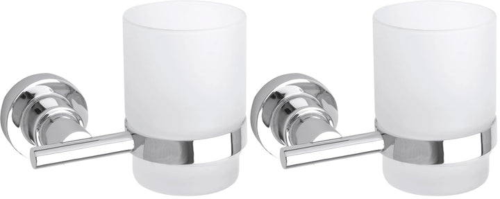 tesa LUUP Zahnputzbecher mit Halterung - Becher aus satiniertem Glas, verchromte Wandhalterung - zur
