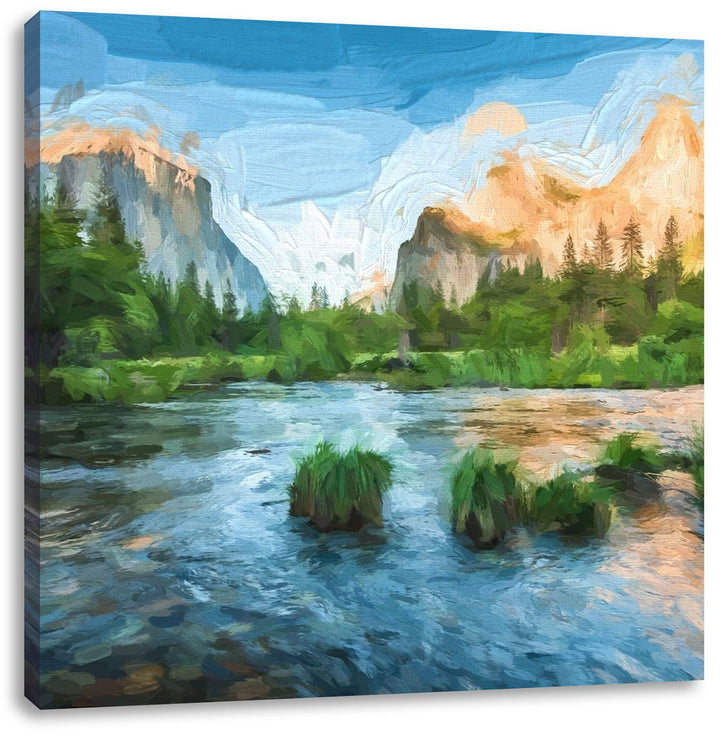 Pixxprint Fluss in den Bergen als Leinwandbild/Grösse: 70x70 cm/Wandbild/Kunstdruck/fertig bespannt,