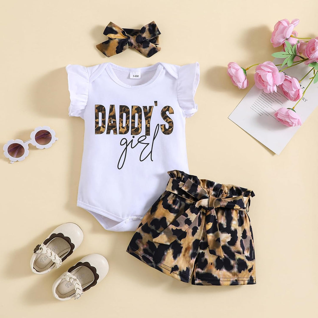 Baby Kleidung Mädchen Sommer Outfit, T-Shirt Rüschen Kurzarm Top + Leopardenmuster Shorts + Stirnban