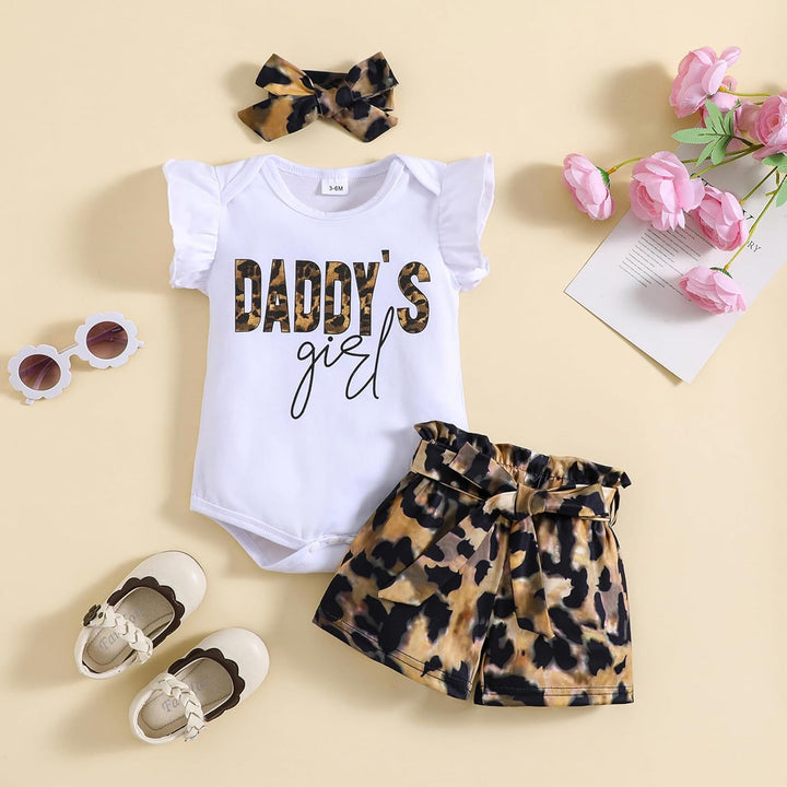 Baby Kleidung Mädchen Sommer Outfit, T-Shirt Rüschen Kurzarm Top + Leopardenmuster Shorts + Stirnban