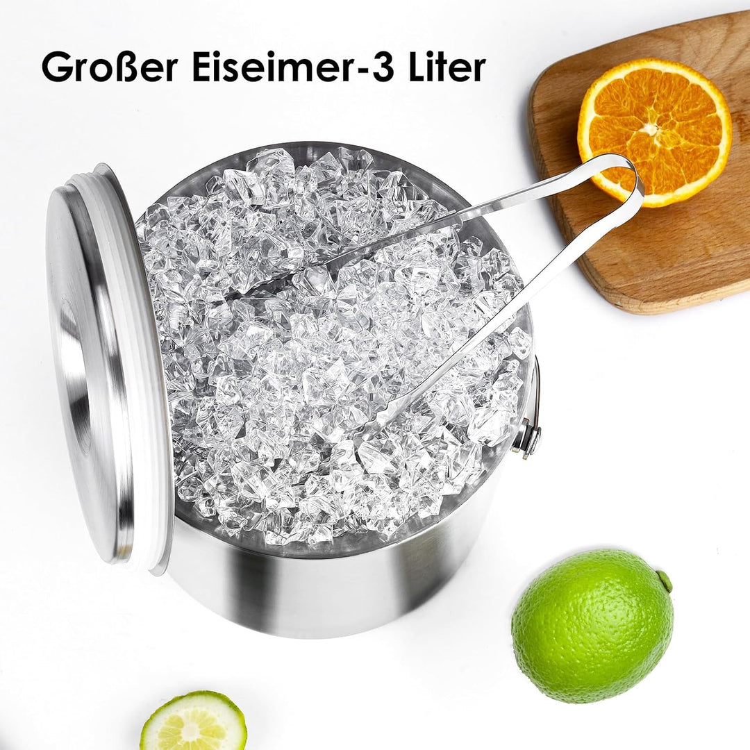 Edelstahl Eisbehälter 3L mit luftdichtem Deckel,Sieb und Eiszange,Eiswürfelbehälter doppelwandiger,