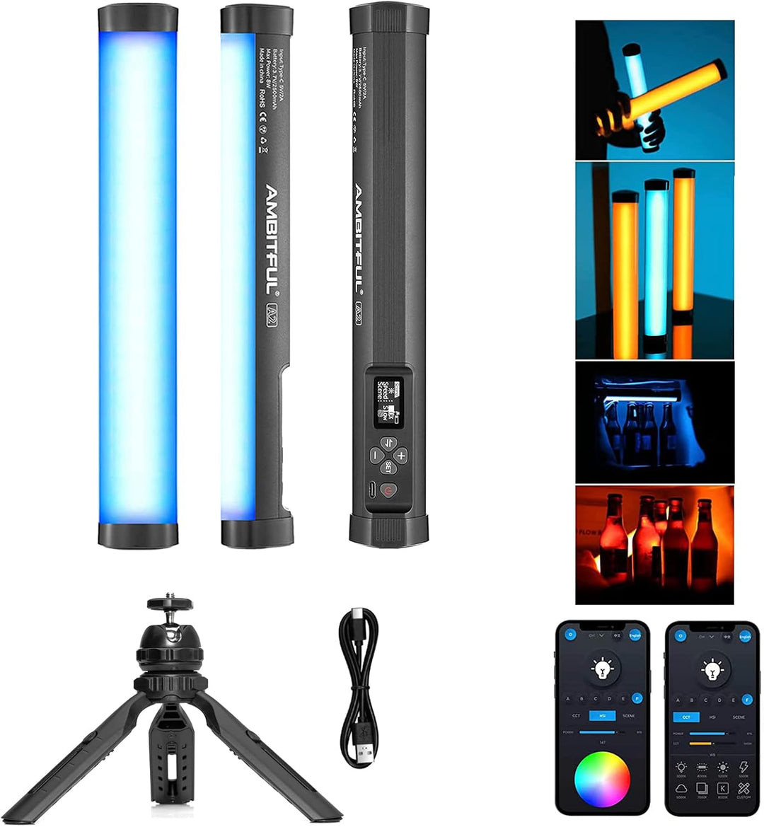 AMBITFUL A2 Vollfarbiges RGB-Röhrenlicht, CRI 95 TLCI 97 Genaue Farbe, 2500K-8500K, RGB CCT HSI Modu