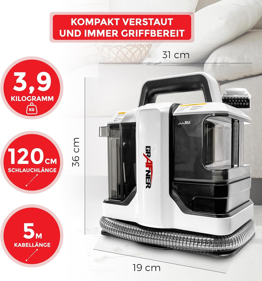 Grafner Waschsauger mit Dual-Tank und 2 Bürsten, Fleckenreiniger für Teppiche, Treppen, Polster, Aut