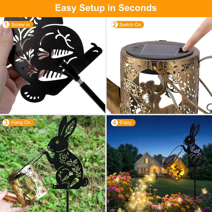 Solargiesskanne-Licht mit Hasen-Silhouette-Stecker & Feendesign – Kaskaden-LED-Lichterkette für Gart