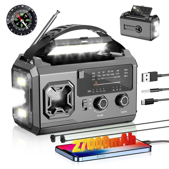 27000mAh Kurbelradio,FM/AM Notfall Radio mit Bluetooth,Tragbar Solar Radio mit Handy-Ladegerät,Emerg