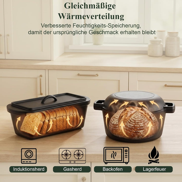 Gusseisen Topf 26cm Brot Backen, Brotbackform mit Deckel, Gärkorb, Robuste Brotbackform mit Deckel,