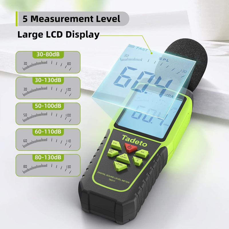 Dezibel Messgerät, Tadeto Schallpegelmesser Portable db Messgerät 30dB bis 130dB (5 Messbereich) Hin