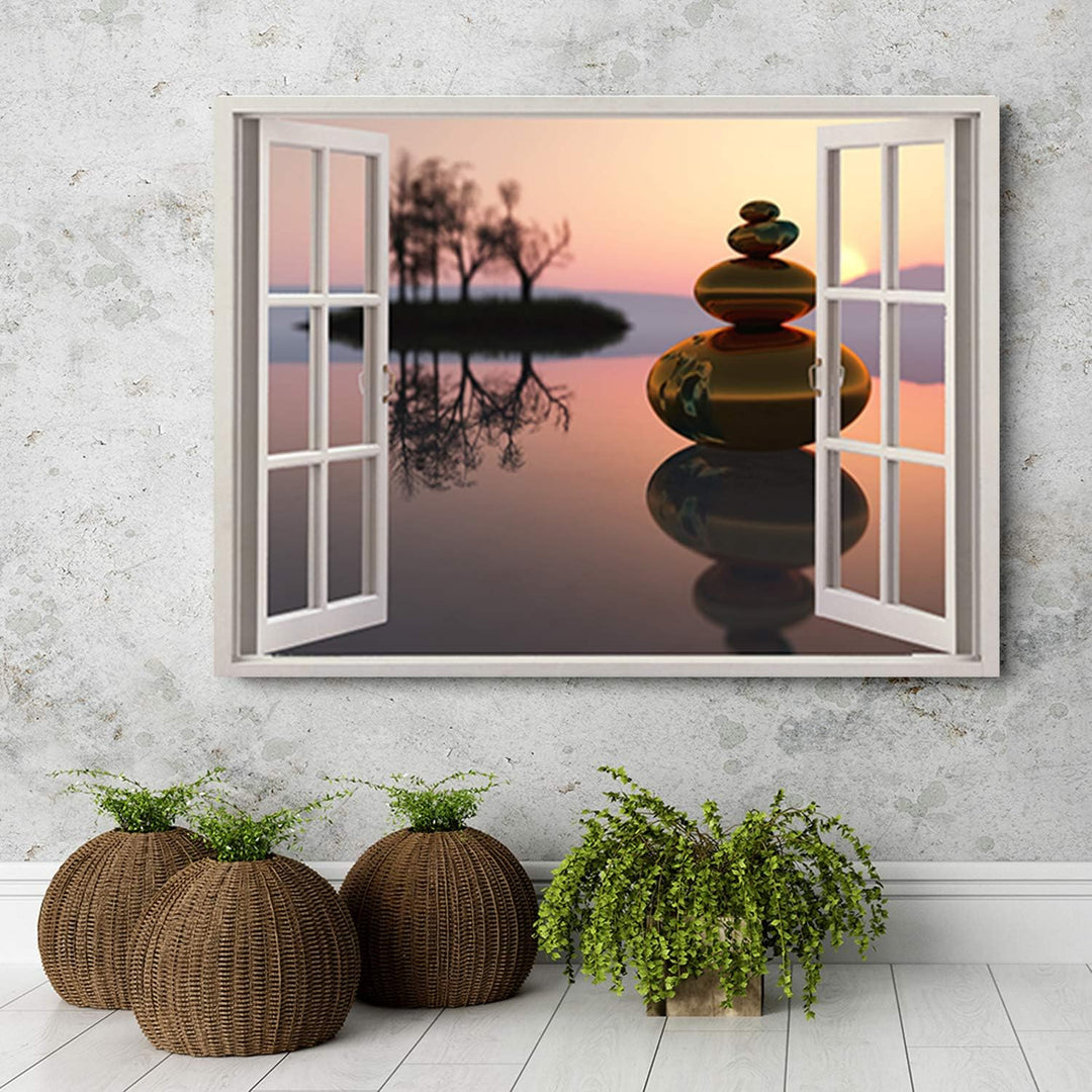 Feeby Wandbild Zen Steine Druckbild Leinwandbild Fenster-Illusion Braun 90x60 cm Leinwandbild 90x60