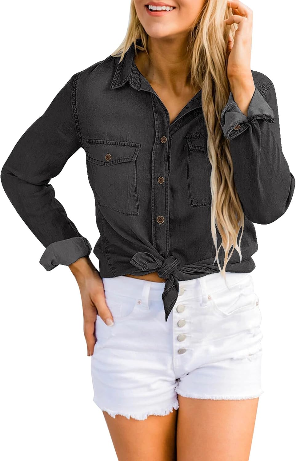 Damen Jeanshemd - Damen Western Hemden Tunika Langarm Button Down Oberteile XL Schwarz, XL Schwarz