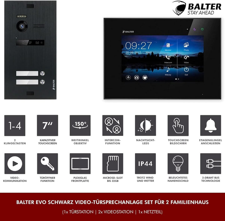 Nonic Balter EVO Video-Türsprechanlage Set 2 Familienhaus (1x Türstation mit Kamera Schwarz, 2X Touc