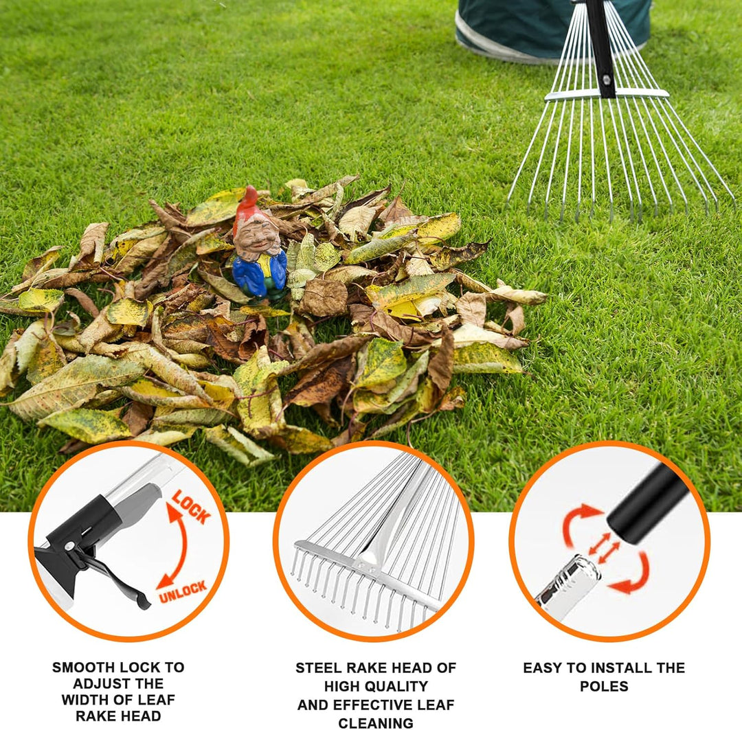 Laubbesen,Gartenrechen,mit 215cm Verstellbare Metallstange und Handschuhe,Laubrechen,Fächerbesen Lau