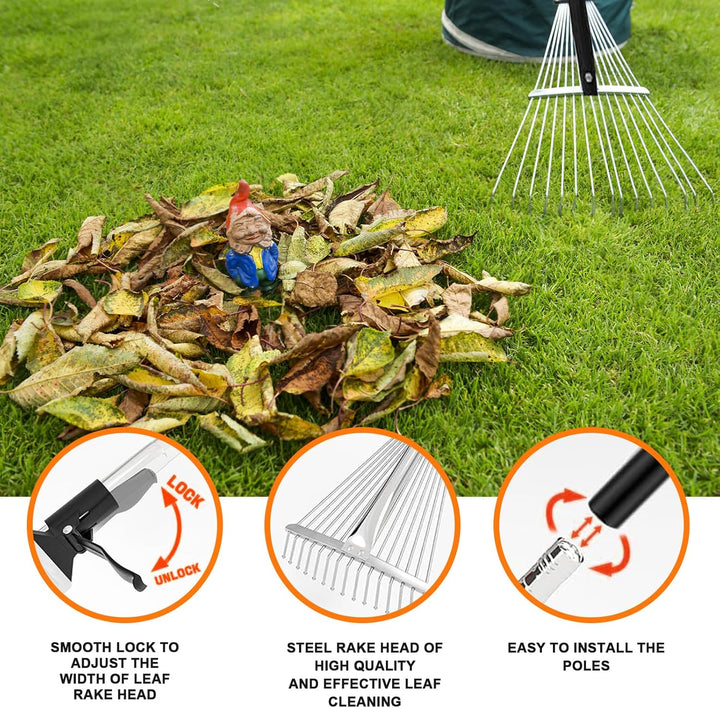 Laubbesen,Gartenrechen,mit 215cm Verstellbare Metallstange und Handschuhe,Laubrechen,Fächerbesen Lau